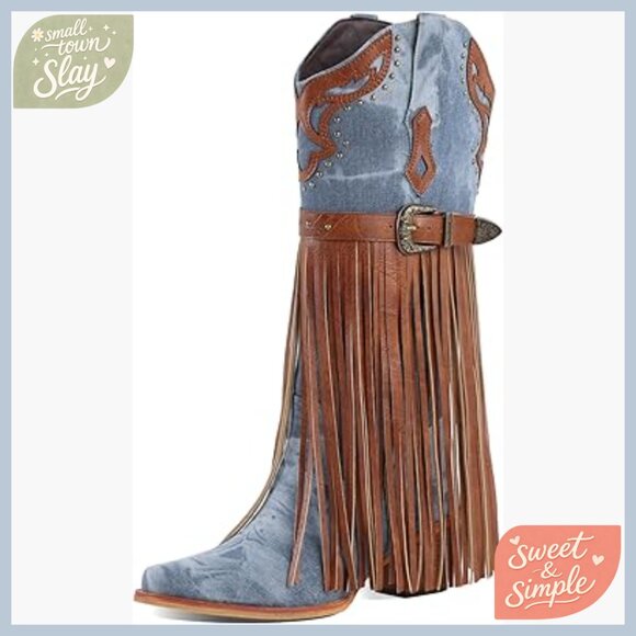 Knee High Western Boots with Fringe Pointed Toe Chunky Heel